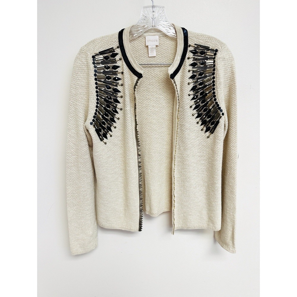 Chicos Sweater Womens Chico's Sz 0 (US Small)‎ Cardigan Beige Embellished